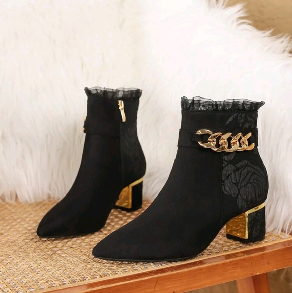 Fashionable Chunky Heel Boots,Lace Up Side Zipper Ankle Boots,Pointed Toe High - Picture 4 of 5
